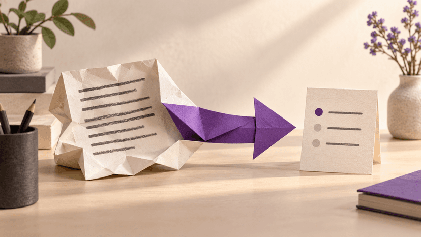 A business memo folds into a violet arrow pointing toward a task card.