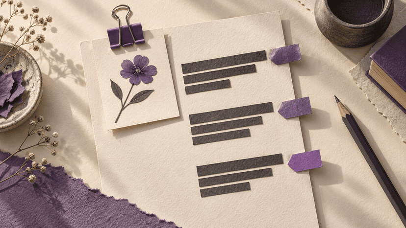 A violet binder clip joins a client brief to an annotated draft.