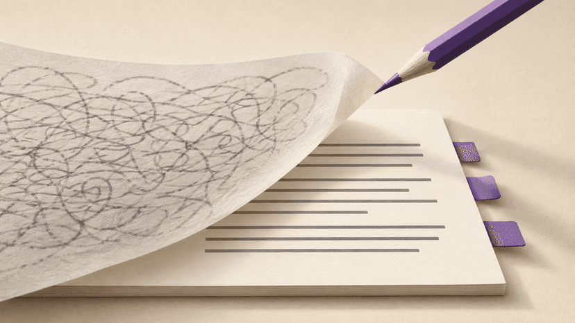 A violet pencil lifts a tangled translucent sheet above an orderly draft.