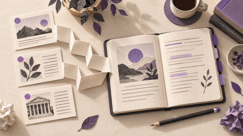 An open study notebook with source cards, violet tabs, and a pencil.