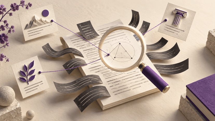 A magnifying glass examines a research diagram connected to reference cards.