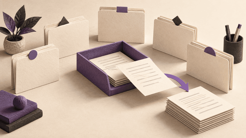 Five client folders surround a violet tray for reviewing drafts.