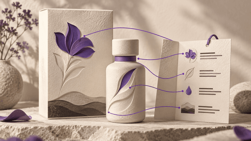 A product box and bottle sit beside a specification tag with violet connecting bands.