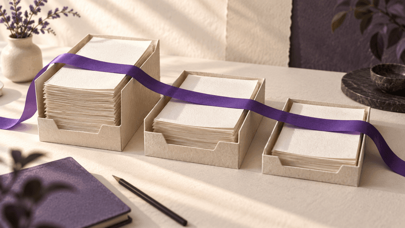 A violet ribbon crosses three paper trays holding different amounts of draft pages.