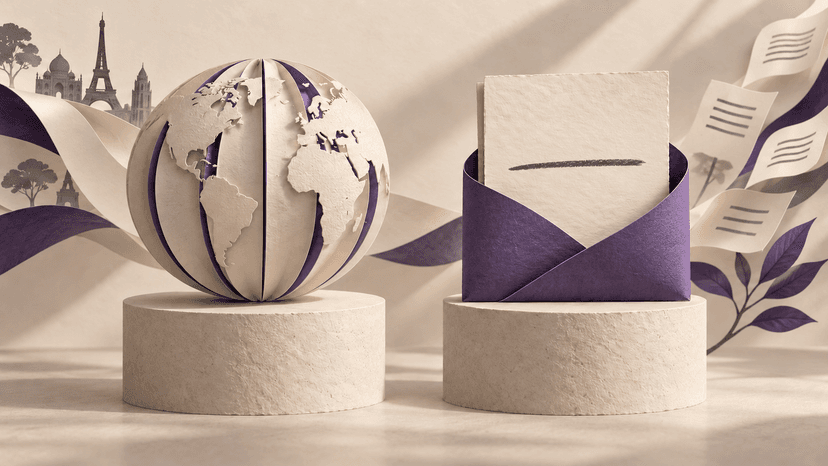 A paper globe stands beside a page tucked into a violet envelope.