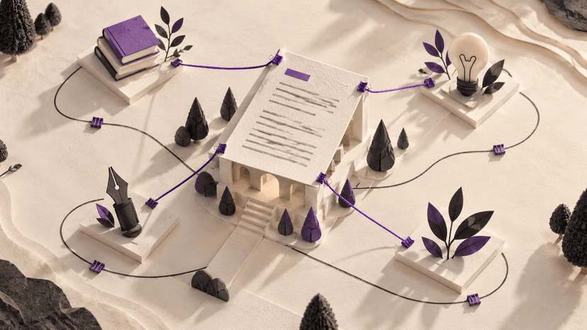 An article-shaped roof connects through violet threads to four topic displays.